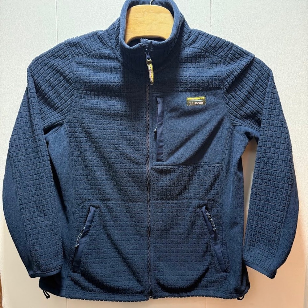 LL Bean Womens Sweater Fleece Full Zip Jacket Navy Blue XL Grid Texture